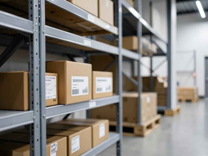 Estantes industriais organizadas com caixas etiquetadas